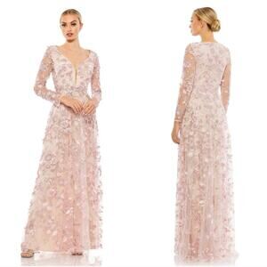 Mac Duggal 70224 Rose Pink Floral Applique Long Sleeve Gown Dress Mesh Size 8